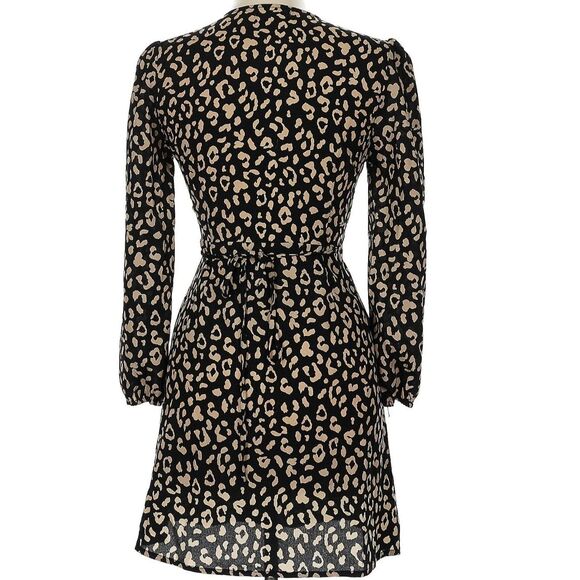Nic & Jo Black Tan Cheetah Print Self Tie Wrap Around LS Casual Dress M - Picture 5 of 12